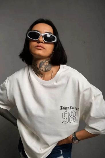 Unisex Bisiklet Yaka Baskılı Oversize T-Shirt - Beyaz resmi