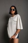 Unisex Bisiklet Yaka Baskılı Oversize T-Shirt - Beyaz resmi