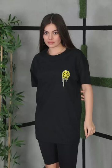 Unisex Bisiklet Yaka Baskılı Oversize T-Shirt - Siyah resmi
