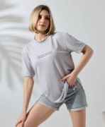 Unisex Bisiklet Yaka Baskılı Slim Fit T-Shirt - Boyalı Gri resmi