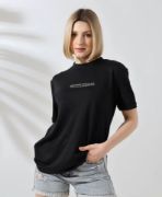Unisex Bisiklet Yaka Baskılı Slim Fit T-Shirt - Siyah resmi