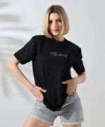 Unisex Bisiklet Yaka Baskılı Slim Fit T-Shirt - Siyah resmi