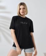 Unisex Bisiklet Yaka Baskılı Slim Fit T-Shirt - Siyah resmi