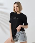 Unisex Bisiklet Yaka Baskılı Slim Fit T-Shirt - Siyah resmi