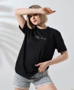 Unisex Bisiklet Yaka Baskılı Slim Fit T-Shirt - Siyah resmi