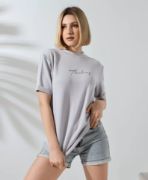 Unisex Bisiklet Yaka Baskılı Slim Fit T-Shirt - Boyalı Gri resmi