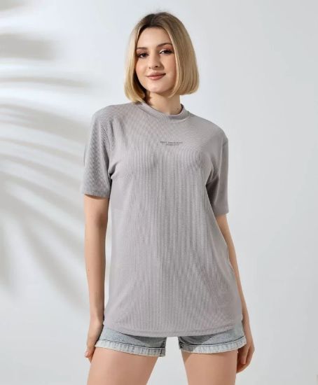 Unisex Bisiklet Yaka Baskılı Slim Fit T-Shirt - Boyalı Gri resmi