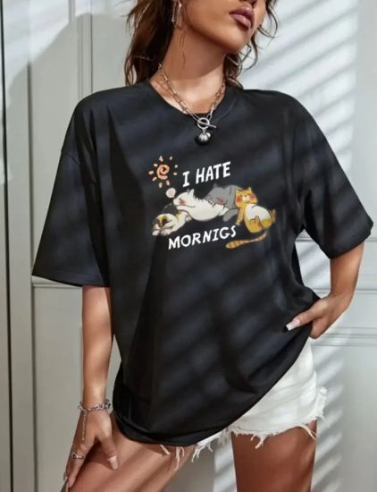 Bisiklet Yaka Baskılı Oversize T-Shirt - Siyah resmi