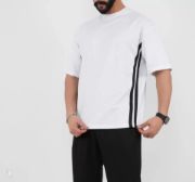 Unisex Oversize Yanları Şeritli T-Shirt - Beyaz resmi