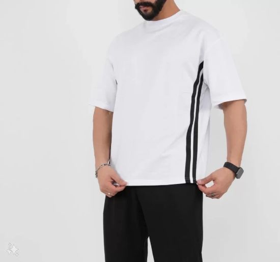 Unisex Oversize Yanları Şeritli T-Shirt - Beyaz resmi