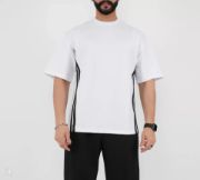 Unisex Oversize Yanları Şeritli T-Shirt - Beyaz resmi