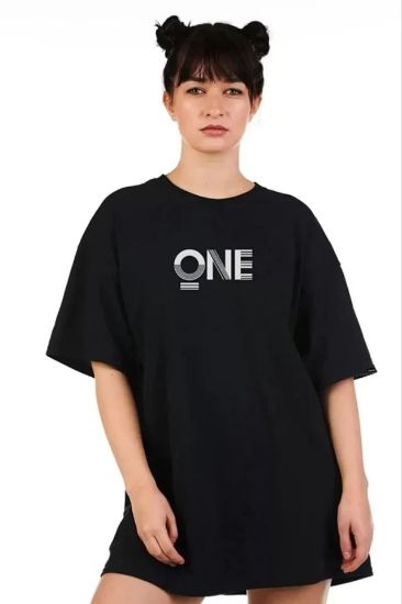 Unisex Baskılı Oversize T-Shirt - Siyah resmi