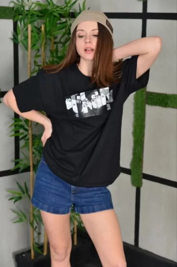 Unisex Bisiklet Yaka Baskılı Oversize T-Shirt - Siyah resmi