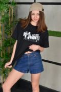 Unisex Bisiklet Yaka Baskılı Oversize T-Shirt - Siyah resmi