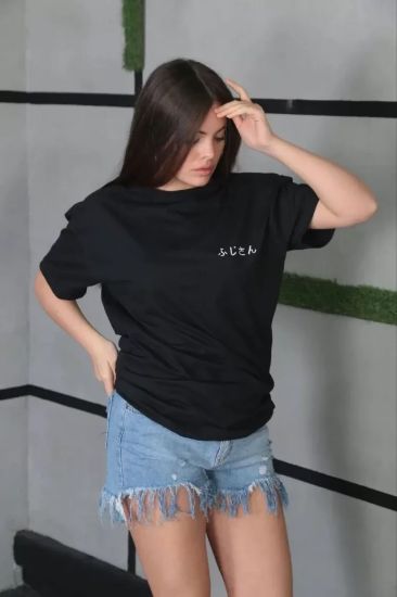 Unisex Bisiklet Yaka Baskılı Oversize T-Shirt - Siyah resmi