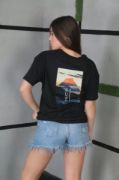 Unisex Bisiklet Yaka Baskılı Oversize T-Shirt - Siyah resmi