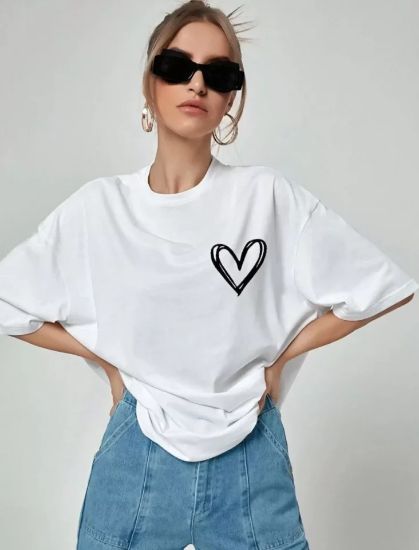 Unisex Baskılı Oversize T-Shirt - Beyaz resmi