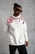 Erkek Ön Ve Arka Baskılı Kapüşonlu 3 İplik Sweatshirt - Beyaz resmi
