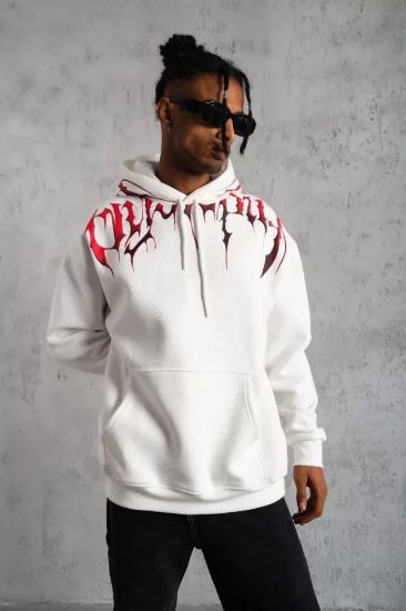 Erkek Ön Ve Arka Baskılı Kapüşonlu 3 İplik Sweatshirt - Beyaz resmi