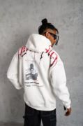 Erkek Ön Ve Arka Baskılı Kapüşonlu 3 İplik Sweatshirt - Beyaz resmi