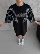 Unisex Bisiklet Yaka Baskılı Oversize T-Shirt - Siyah resmi