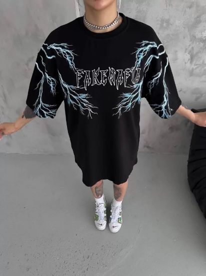 Unisex Bisiklet Yaka Baskılı Oversize T-Shirt - Siyah resmi