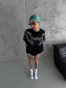 Unisex Bisiklet Yaka Baskılı Oversize T-Shirt - Siyah resmi