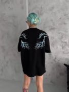 Unisex Bisiklet Yaka Baskılı Oversize T-Shirt - Siyah resmi