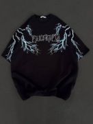 Unisex Bisiklet Yaka Baskılı Oversize T-Shirt - Siyah resmi