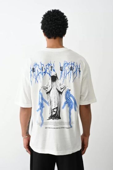 Unisex Baskılı Oversize T-Shirt - Beyaz resmi
