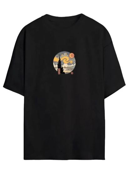Unisex Baskılı Oversize T-Shirt - Siyah resmi