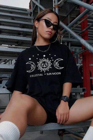 Unisex Baskılı Oversize T-Shirt - Siyah resmi