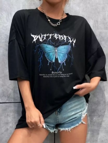 Unisex Baskılı Oversize T-Shirt - Siyah resmi