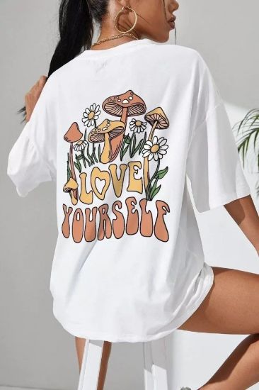 Unisex Baskılı Oversize T-Shirt - Beyaz resmi