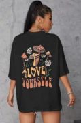 Unisex Baskılı Oversize T-Shirt - Siyah resmi