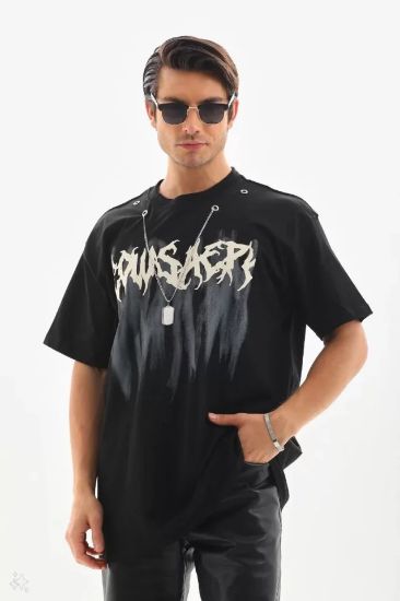 Unisex Oversize Kolye Dahil T-Shirt - Siyah resmi