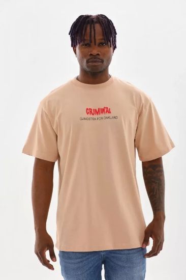 Unisex Baskılı Oversize T-Shirt - Bej resmi