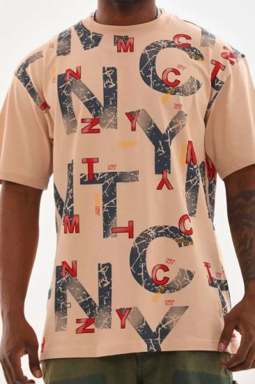 Unisex Baskılı Oversize T-Shirt - Bej resmi
