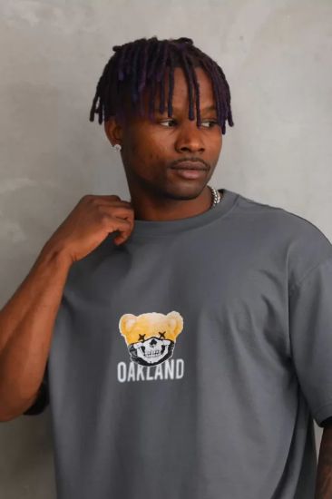 Unisex Baskılı Oversize T-Shirt - Füme resmi