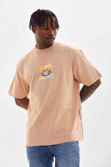 Unisex Baskılı Oversize T-Shirt - Bej resmi