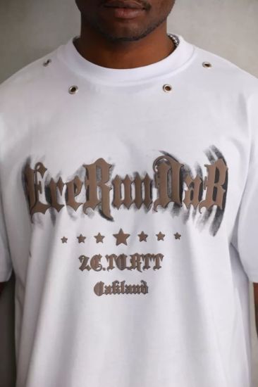Unisex Kuşgözü Detaylı Baskılı Oversize T-Shirt - Beyaz resmi