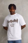 Unisex Kuşgözü Detaylı Baskılı Oversize T-Shirt - Beyaz resmi