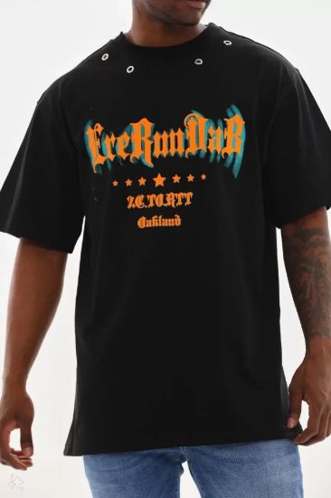 Unisex Kuşgözü Detaylı Baskılı Oversize T-Shirt - Siyah resmi