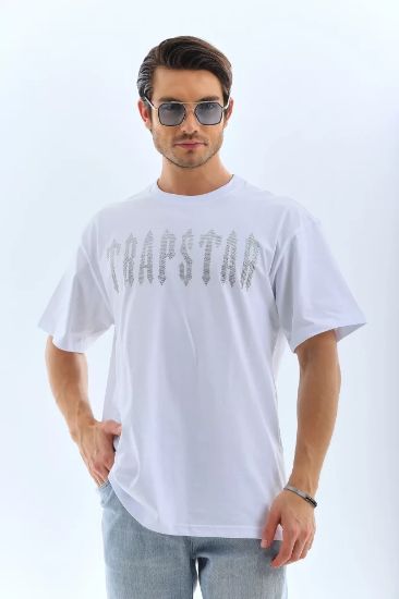 Unisex Oversize Taşlı Bisiklet Yaka T-Shirt - Beyaz resmi