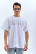 Unisex Oversize Taşlı Bisiklet Yaka T-Shirt - Beyaz resmi