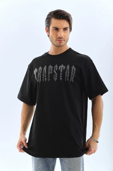 Unisex Oversize Taşlı Bisiklet Yaka T-Shirt - Siyah resmi