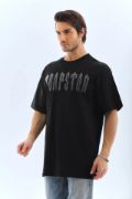 Unisex Oversize Taşlı Bisiklet Yaka T-Shirt - Siyah resmi