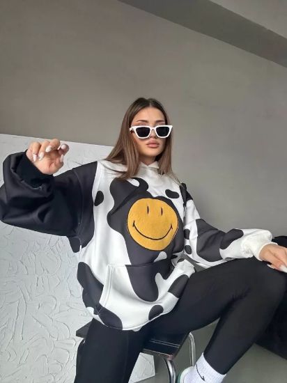 Smiley Face Kapüşonlu Sweatshirt - Siyah resmi