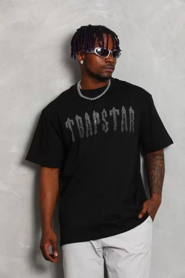 Unisex Oversize Taşlı Bisiklet Yaka T-Shirt - Siyah resmi
