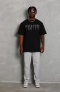 Unisex Oversize Taşlı Bisiklet Yaka T-Shirt - Siyah resmi